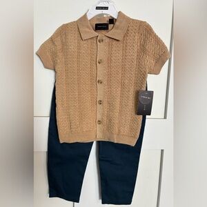 Perry Ellis Tan Short-Sleeve Knit Button-Front Polo and Navy Pant Set